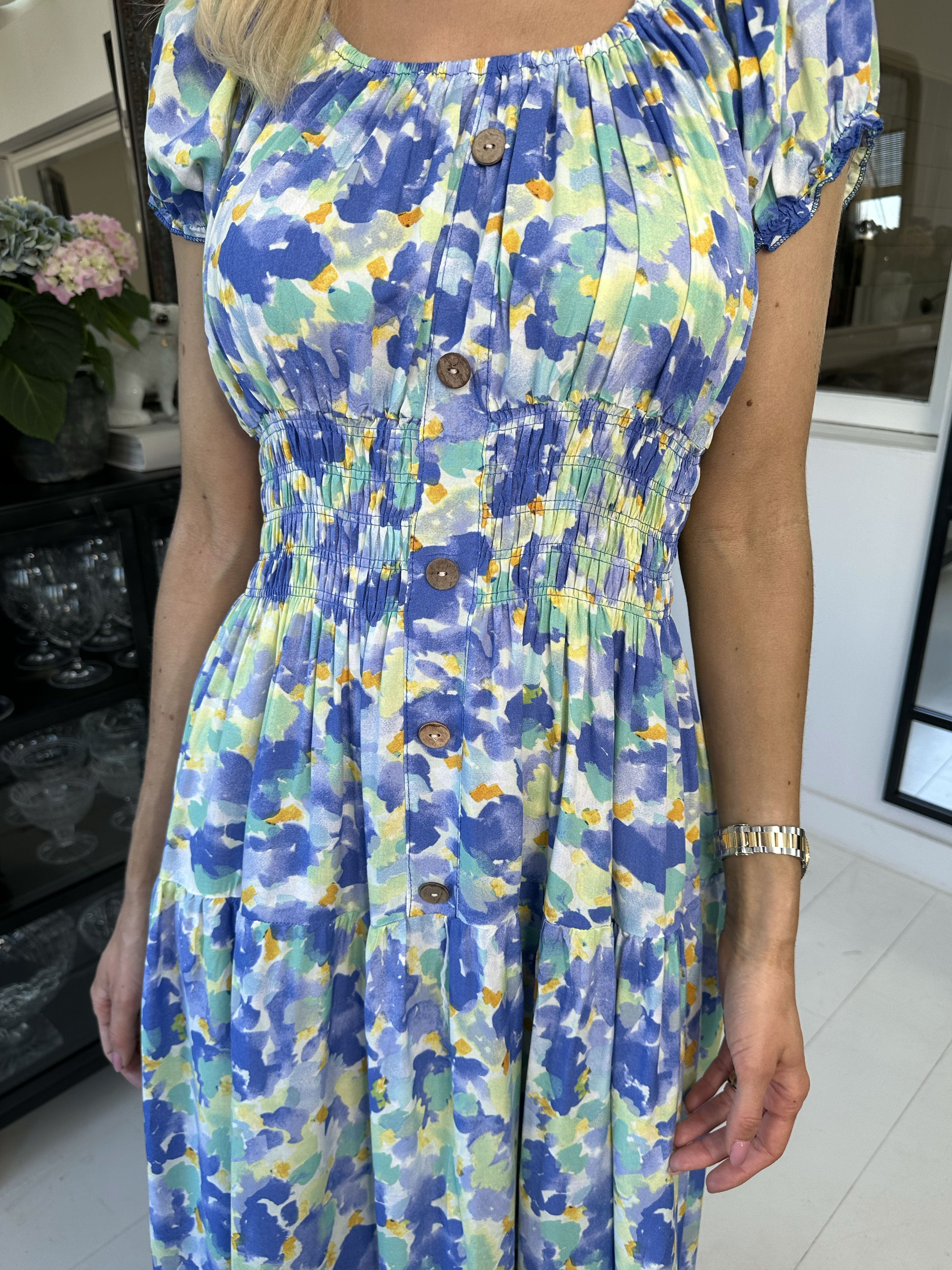 Finalia Art - Lång mångfärgad viskosklänning med resår i midjan